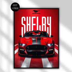 Ford Shelby Mustang Poster Download | Aesthetic Muscle Car Art Print | Red Sports Car Digital Wall Decor for Men’s Room or Garage | Man Cave