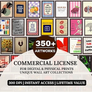 Puede incluir: Una colecci&oacute;n de impresiones art&iacute;sticas enmarcadas con varios dise&ntilde;os, incluyendo citas motivacionales, ilustraciones bot&aacute;nicas y arte abstracto. La imagen tambi&eacute;n incluye el texto "350+ Artworks" y "Commercial License".