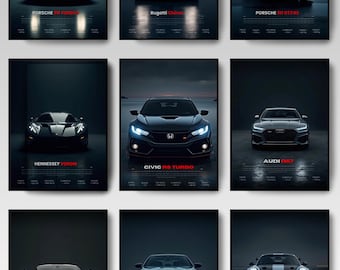 Supercar Poster Set of 10 | Luxury Sports Car Wall Art Digital Download | Garage, Home, Office, Man Cave Decor | Car Enthusiast Gift for Him
