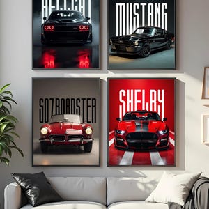 May include: Four framed car prints. The top left features a black Hellcat, the top right a black Mustang. The bottom left shows a red 507 Roadster, and the bottom right a red Shelby. Each print has the car's name in large white text.