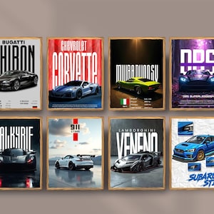 Puede incluir: Ocho carteles de coches enmarcados con varios modelos, incluyendo Bugatti Chiron, Chevrolet Corvette, Lamborghini Veneno y Subaru STI. Cada cartel presenta una imagen del coche y su nombre en letras grandes.