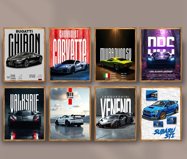 Puede incluir: Ocho carteles de coches enmarcados con varios modelos, incluyendo Bugatti Chiron, Chevrolet Corvette, Lamborghini Veneno y Subaru STI. Cada cartel presenta una imagen del coche y su nombre en letras grandes.