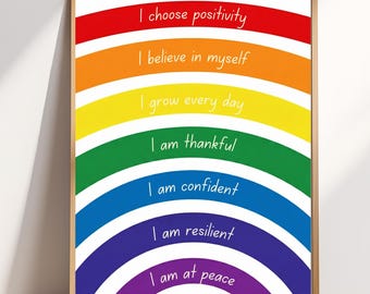 Rainbow Affirmations Print, Growth Mindset Poster, Classroom Decor, School Counselor Office Art, Positive Quotes for Kids, Mental Health