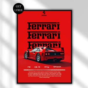 Ferrari F40 Poster | Supercar Digital Art Print | Red Ferrari Wall Art | Classic Car Decor | Automotive Gift for Car Enthusiasts