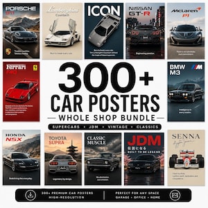 300+ Car Poster Bundle, Automotive Wall Art, Supercar JDM Racing Prints, Garage Man Cave Decor, Digital Download, Commercial Use