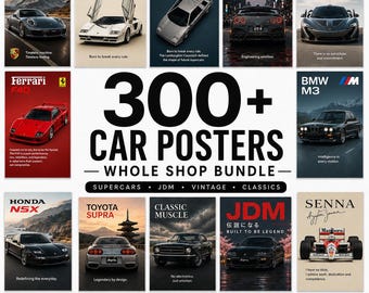 300+ Car Poster Bundle, Automotive Wall Art, Supercar JDM Racing Prints, Garage Man Cave Decor, Digital Download, Commercial Use
