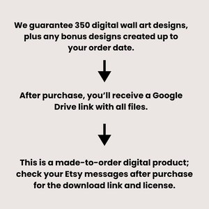 Puede incluir: Gr&aacute;fico beige con el texto "&iquest;C&oacute;mo funciona?" y detalles sobre un producto digital. Garantiza 350 dise&ntilde;os de arte mural digital, m&aacute;s dise&ntilde;os extra. Despu&eacute;s de la compra, se proporciona un enlace de Google Drive. El producto se hace por encargo.