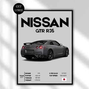 May include: A framed poster featuring a gray Nissan GTR R35 sports car. The poster includes the car's specifications: 3.8L engine, 600 HP, 481 NM torque, and a weight of 1,736 KG. The poster also states the car's top speed is 330 KM/H.