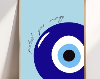 Skydda din energi-tryck, väggkonst med onda ögon, boho minimalistisk affisch, dekor med positiv energi, andlig hemmakontorstryck