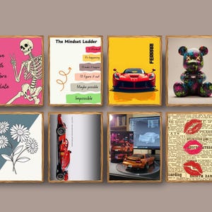 Puede incluir: Colecci&oacute;n de ocho impresiones art&iacute;sticas enmarcadas con varios dise&ntilde;os. Incluye un esqueleto con texto "Live life before its late", un coche, un oso, flores y el texto "The Mindset Ladder".
