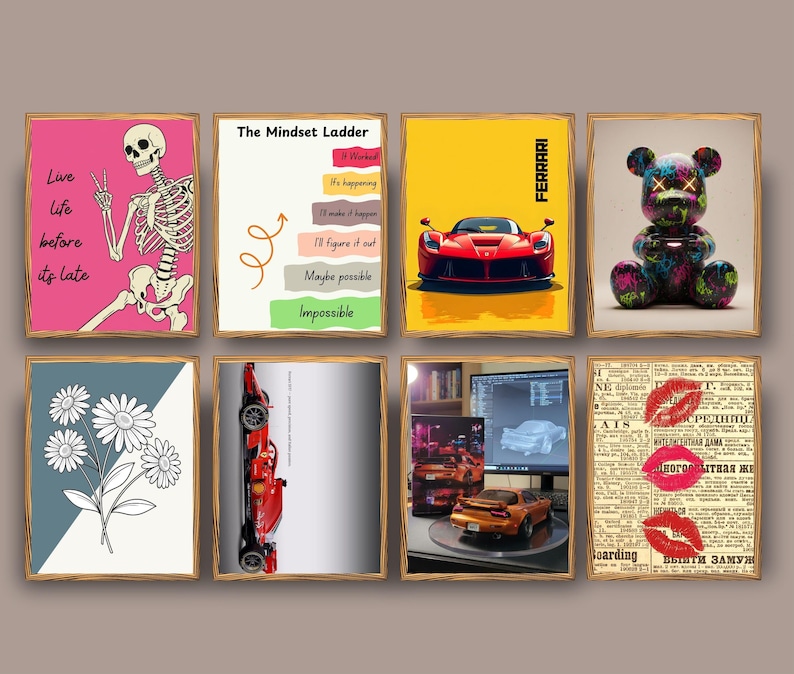Puede incluir: Colecci&oacute;n de ocho impresiones art&iacute;sticas enmarcadas con varios dise&ntilde;os. Incluye un esqueleto con texto "Live life before its late", un coche, un oso, flores y el texto "The Mindset Ladder".