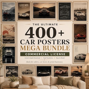 Op de afbeelding: Een digitale collectie van meer dan 400 autoposters met diverse sportwagens in uiteenlopende omgevingen, waaronder racecircuits, tunnels en bergwegen, voorzien van technische blauwdrukken en de tekst The Ultimate 400+ Car Posters Mega Bundle.