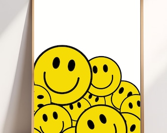 Smiley Face Wall Art Print, Yellow Happy Faces Poster, Modern Minimalist Aesthetic Decor, Retro Artwork, Trendy Printable Digital Download