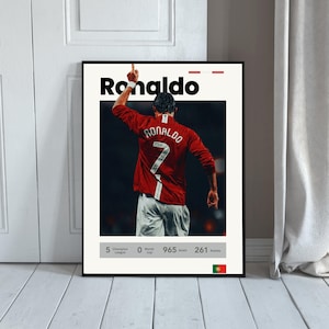 May include: Framed poster featuring Cristiano Ronaldo in a red jersey with the number 7. The poster includes the name "Ronaldo" in bold black letters and statistics: 5 Champion League, 0 World Cup, 965 Goals, and 261 Assists.