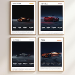May include: Four framed posters showcasing high-performance sports cars: a gold Huracán EVO, a red F8 Tributo, a silver 911 Turbo S, and an orange 720S. Each poster displays engine, power, 0-60 mph, and top speed details.
