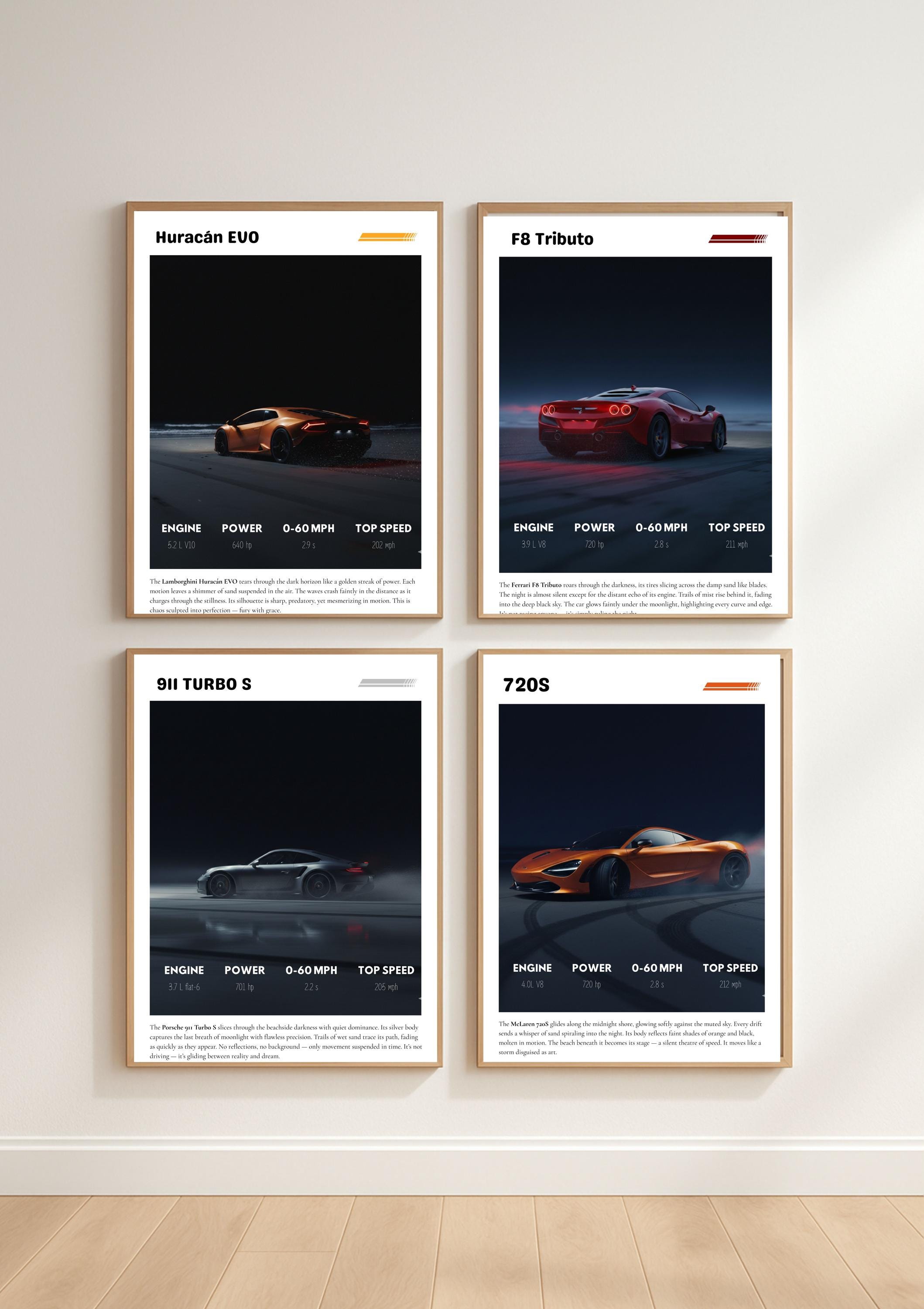 Supercar Wall Art Print Set of 4 | Luxury Sports Car Poster Bundle