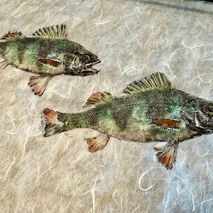 May include: Two green and brown fish with black eyes are printed on a white textured paper background.