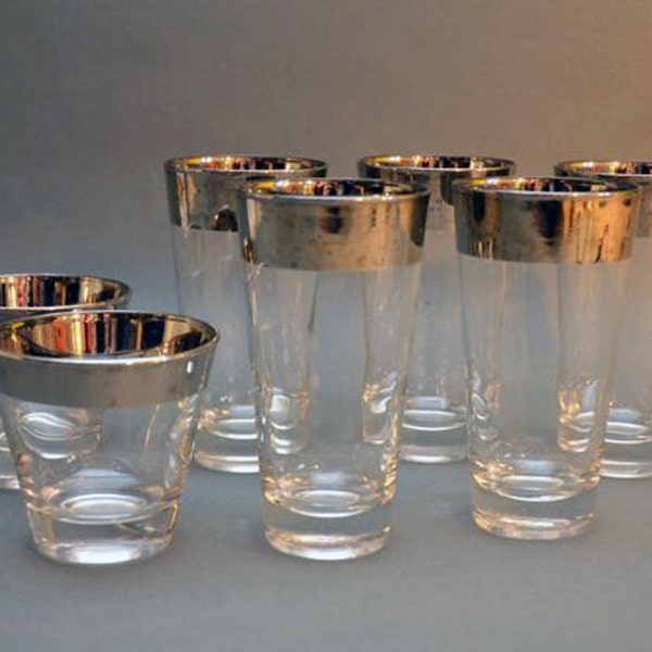 Mid-century Silver Rim Bar Ware Glasses Great Modern Look