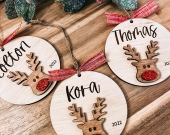 Personalized Wood Reindeer Ornament | Laser Engraved, Glitter Nose