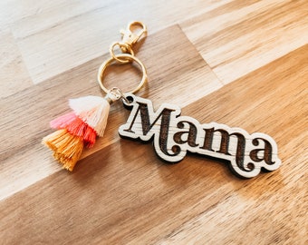Laser Engraved Mama Keychain | Birch Wood, Tassel