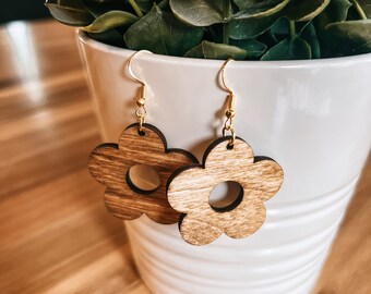 Dark Walnut Stained Baltic Birch Flower Earrings