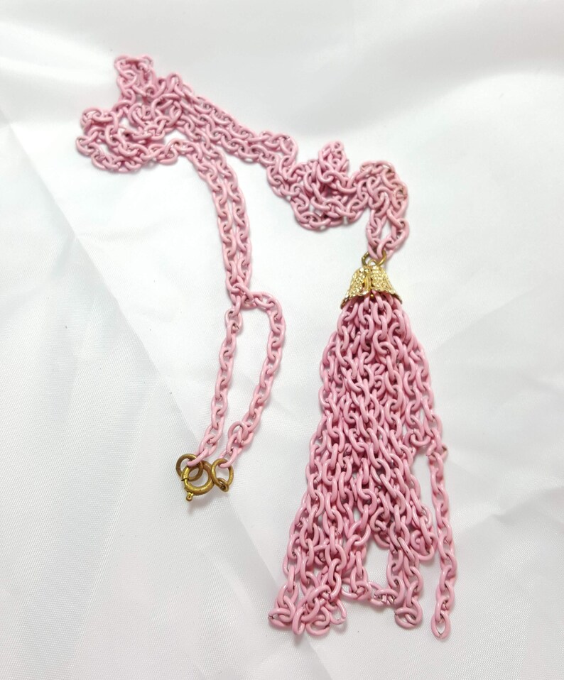 Vintage Necklace Vintage Jewelry Mid-Century Chain Necklace Boho Necklace Pink Enamel Tassel Necklace Pendant Necklace Long Necklace