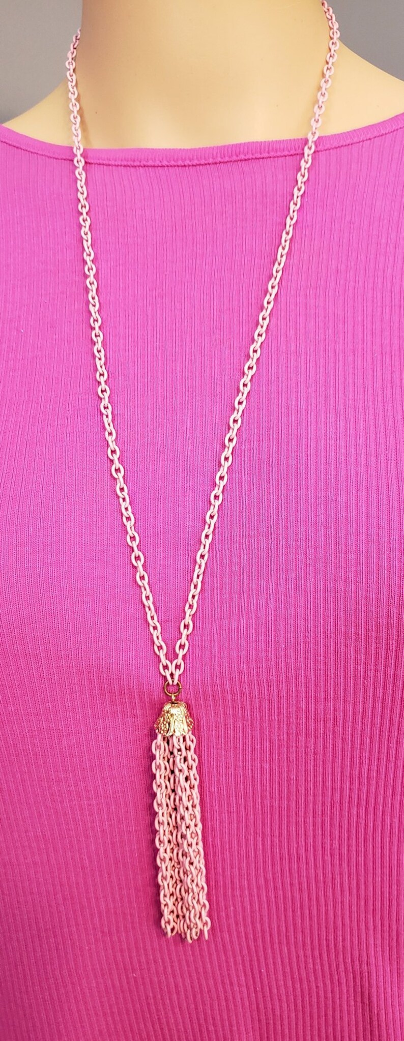 Vintage Necklace Vintage Jewelry Mid-Century Chain Necklace Boho Necklace Pink Enamel Tassel Necklace Pendant Necklace Long Necklace