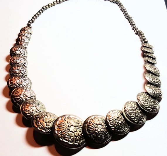 Boho Necklace, Stamped Flower Necklace, Ornate Sil