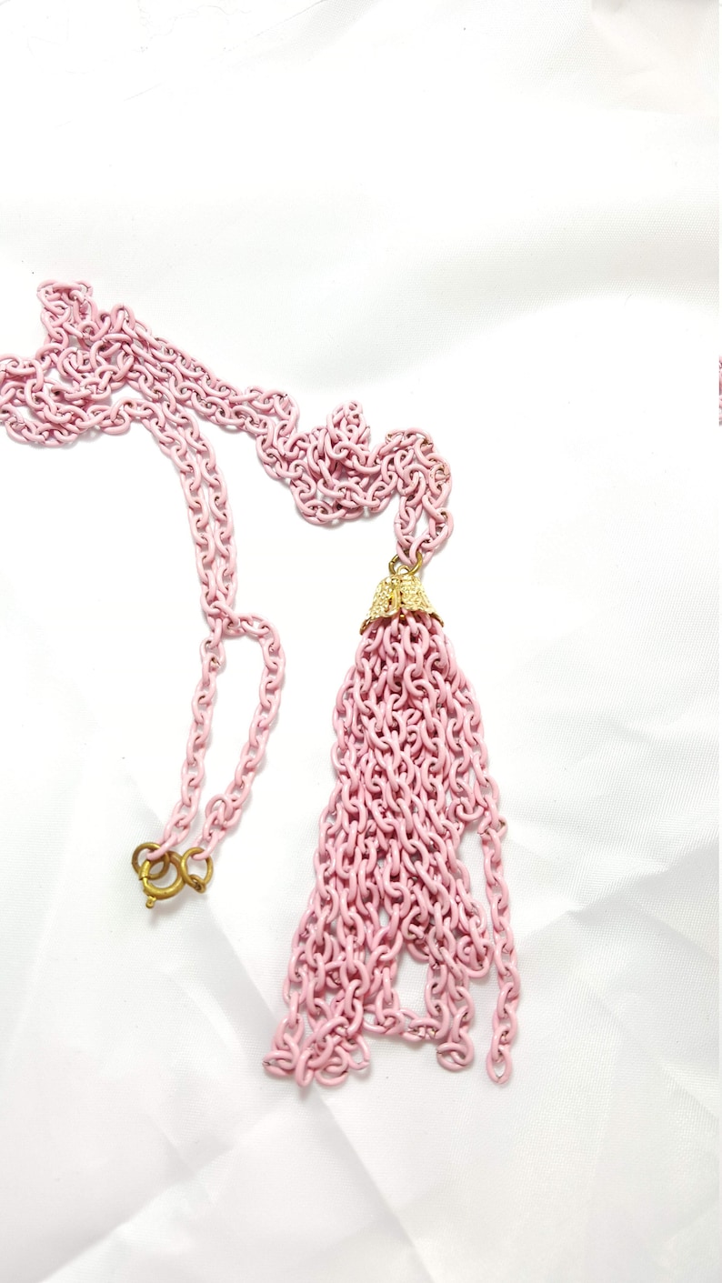 Vintage Necklace Vintage Jewelry Mid-Century Chain Necklace Boho Necklace Pink Enamel Tassel Necklace Pendant Necklace Long Necklace