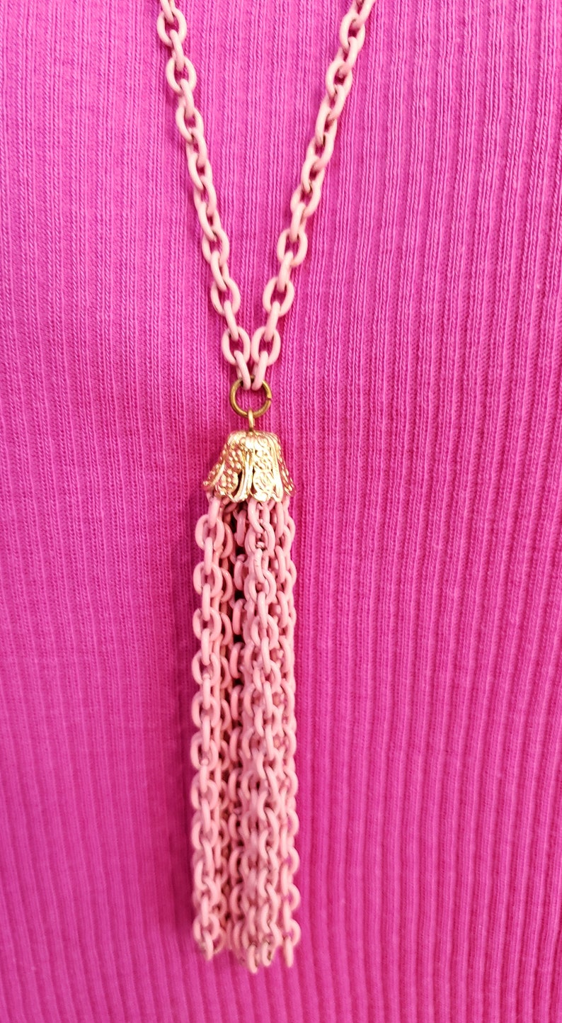 Vintage Necklace Vintage Jewelry Mid-Century Chain Necklace Boho Necklace Pink Enamel Tassel Necklace Pendant Necklace Long Necklace
