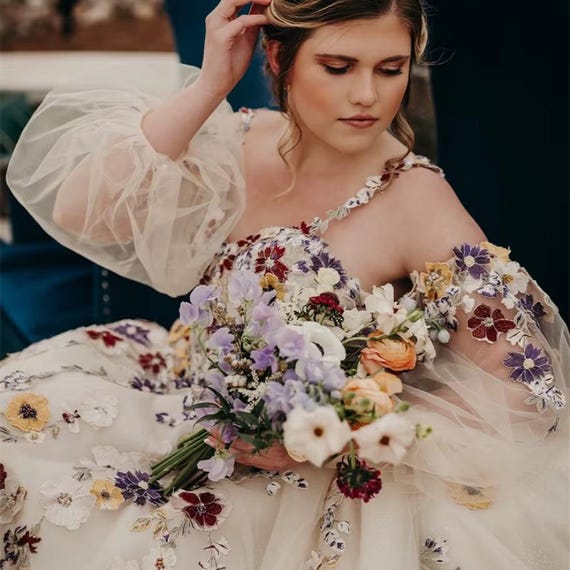 Hand-Embroidered Floral Wedding Dress: 3D Colorful Flowers