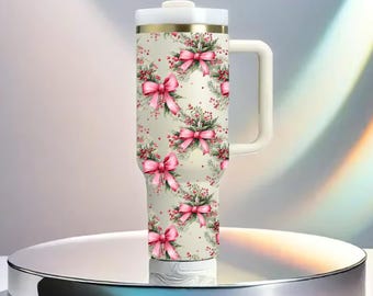 Pink Christmas Stanley Tumbler 40oz: Coquette Bow Holiday Drinkware