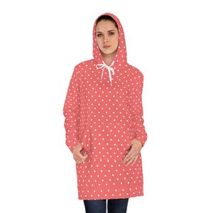 Women&#39;s Hoodie Dress with Peach Polka Dots | Cozy Sweatshirt Dress for Fall & Winter | Long Hoodie Dress | Warm Loungewear Outfit
