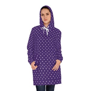 Hoodie Dress with Purple Polka Dots | Cozy Sweatshirt Dress for Fall & Winter | Long Hoodie Dress | Warm Loungewear Outfit