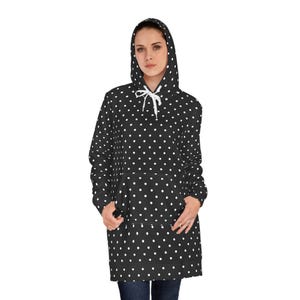 Women&#39;s Hoodie Dress with Black and White Polka Dots | Cozy Sweatshirt Dress for Fall & Winter | Long Hoodie Dress | Warm Loungewear Outfit