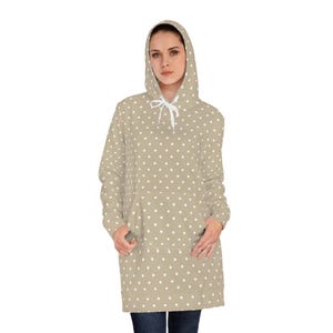 Women&#39;s Hoodie Dress with Beige Polka Dots | Cozy Sweatshirt Dress for Fall & Winter | Long Hoodie Dress | Warm Loungewear Outfit