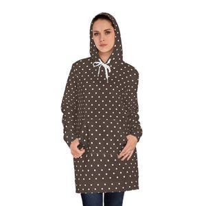 Women&#39;s Hoodie Dress with Brown Polka Dots | Cozy Sweatshirt Dress for Fall & Winter | Long Hoodie Dress | Warm Loungewear Outfit