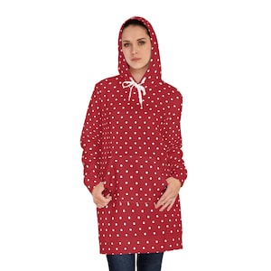 Women&#39;s Hoodie Dress with Red Polka Dots | Cozy Sweatshirt Dress for Fall & Winter | Long Hoodie Dress | Warm Loungewear Outfit