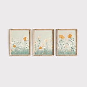 Floral Wall Art, Boho Floral Art, Nursery Decor, Set of 3, Botanical Art Print, Wildflower wall decor, Minimalist Floral Art, Green, Orange
