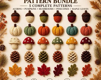 Paquete de patrones de ganchillo con motivos del bosque en formato PDF: bellota, calabaza, seta, piña y hoja de arce (descarga instantánea).