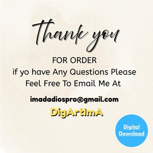 May include: A digital download graphic with the words "Thank you" in elegant script. Additional text includes "FOR ORDER", contact information, and a "Digital Download" badge in a blue circle.