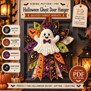 May include: A quilted fabric Halloween ghost door hanger sewing pattern PDF. The wreath features a central white ghost with a purple bow tie, surrounded by layered fabric petals in orange, purple, and black with bat, spider, and pumpkin prints.