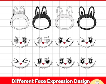 Labubu Monster Faces SVG Clipart Bundle, Kawaii Cartoon (Digital Download)