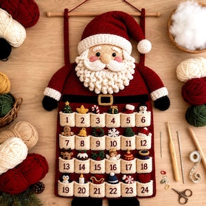 May include: A crocheted Santa Claus wall hanging advent calendar with twenty-four numbered pockets. Each pocket contains a small crocheted ornament, including a tree, star, candy cane, gingerbread man, and snowman. The Santa figure has a red hat, white beard, and black belt with a gold buckle.