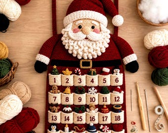 Patrón de ganchillo para calendario de Adviento de Papá Noel, cuenta atrás navideña con 24 bolsillos (descarga digital)