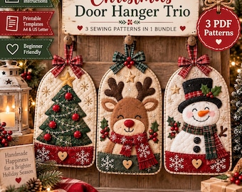 Paquete de patrones de costura en PDF para colgadores de puerta navideños, muñeco de nieve, reno y árbol, plantillas de decoración navideña acolchada.