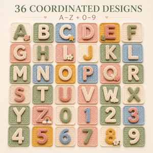 May include: A collection of 36 coordinated crochet squares featuring the letters A-Z and numbers 0-9. Each square displays a raised, textured letter or number in various pastel colours, with some accented by small floral, star, or rainbow motifs.
