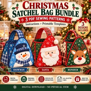 Puede incluir: Un paquete digital de tres patrones de costura para bolsos navideños con diseños de muñeco de nieve, Santa Claus y reno. Incluye plantillas imprimibles e instrucciones paso a paso para tamaños A4 y carta de EE. UU.