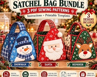 Paquete de patrones de costura para bolsos navideños tipo bandolera, patrones para bolsos de Papá Noel, muñeco de nieve y renos, patrones de costura navideños imprimibles en PDF.
