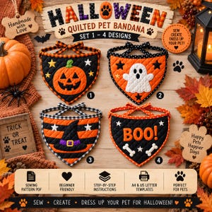 May include: A set of four quilted pet bandanas featuring Halloween designs: a jack-o'-lantern, a ghost, a witch hat, and the text BOO! with bones. Each triangular bandana has a tie-top and distinct orange, black, and white patterns.